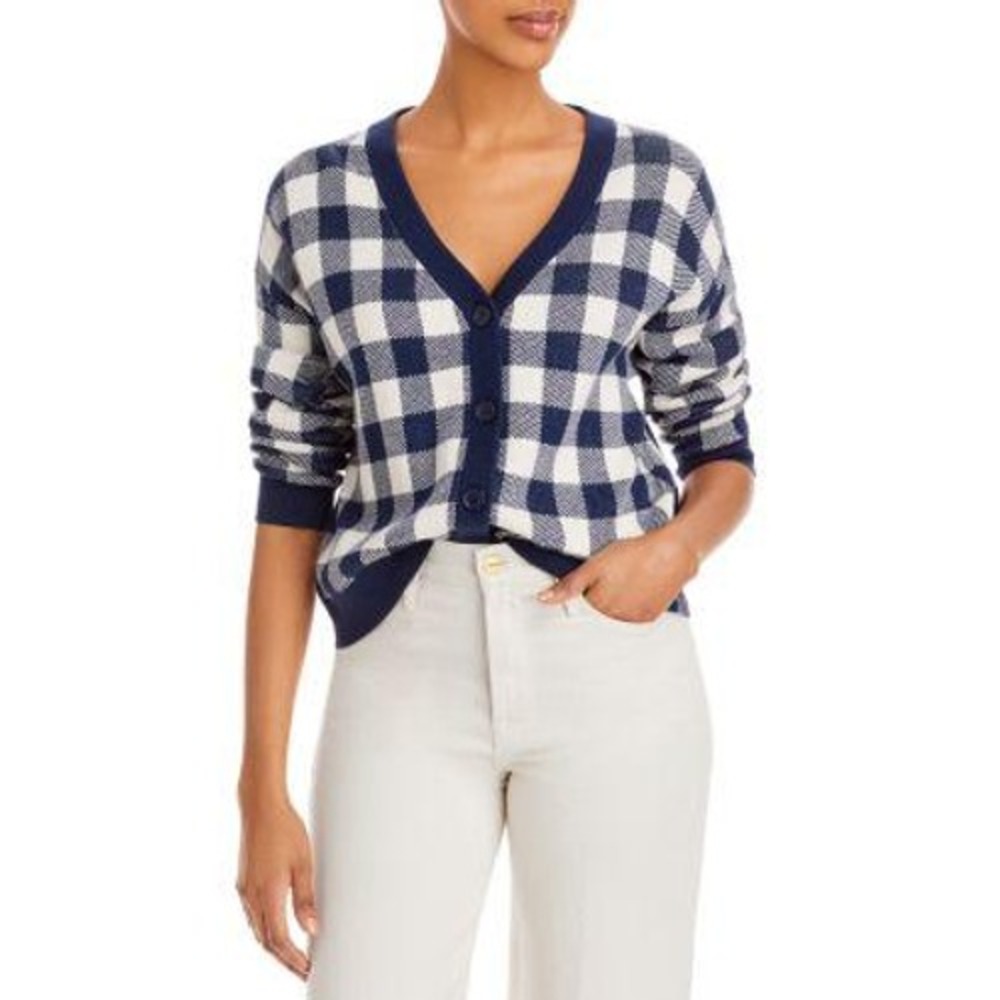 Kule The Louise Cashmere Cardigan Sweater Womens Navy Blue White Large